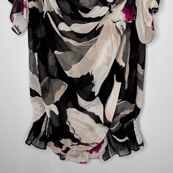 Ted Baker Blouse Size 8 Floral Chiffon Pullover Ruffle Sleeves Cowl Neck Top - Picture 4 of 10